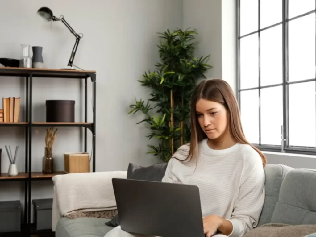 vista frontal de mulher com a vaga de home office