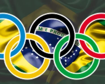 logotipo das olimpiadas na frente da bandeira brasileira