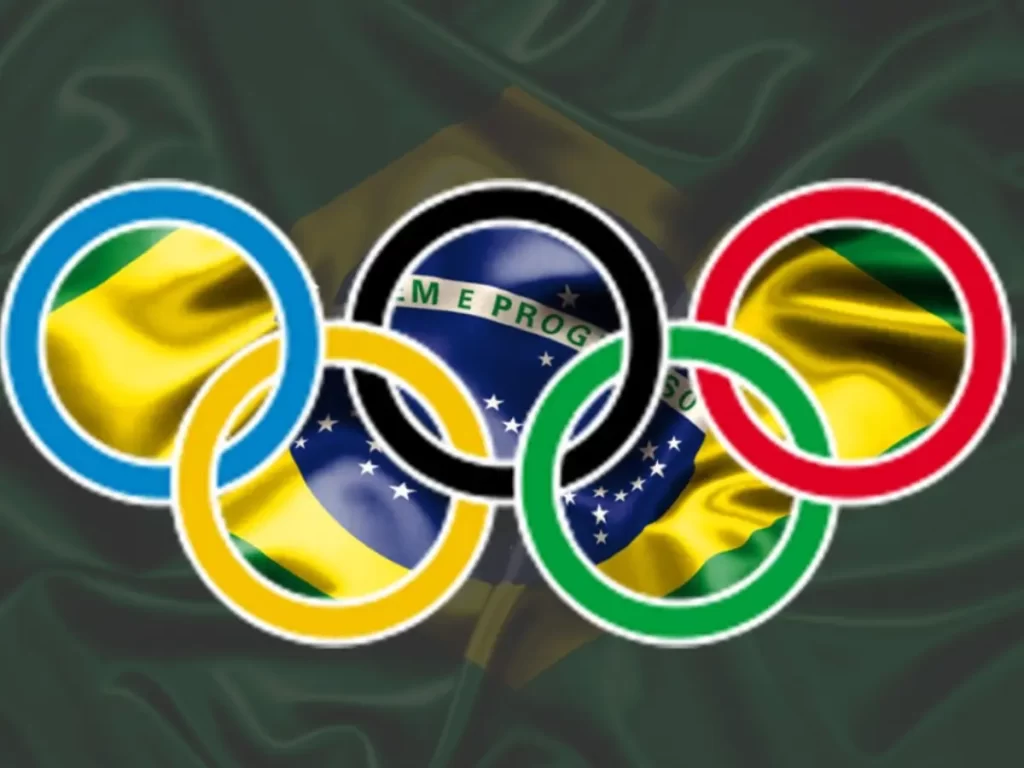 simbolo das olimpiadas na frente bandeira do brasil